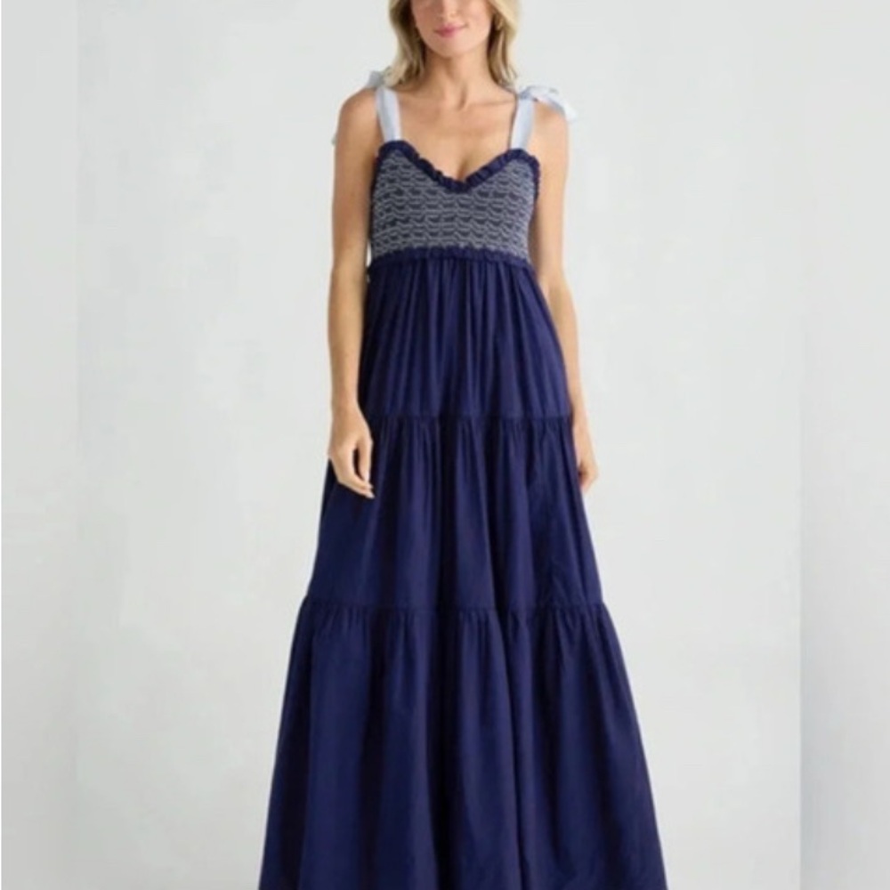 Free People Bluebell Solid V-Neck Sleeveless Tie Shoulder Maxi Dress Blue XS New
